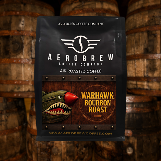 Aerobrew Coffee Company Warhawk Bourbon Roast coffee package with barrels in the background