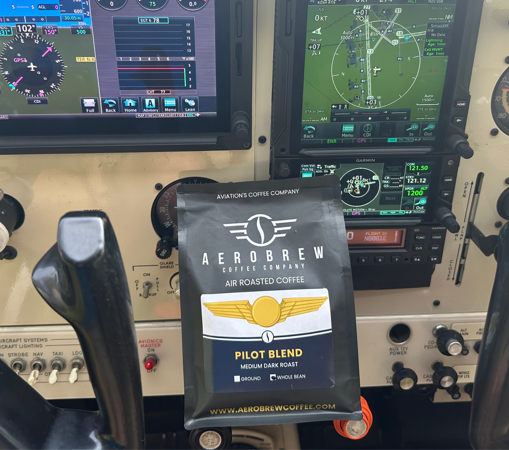 Aero Brew coffee package in front of aircraft instruments