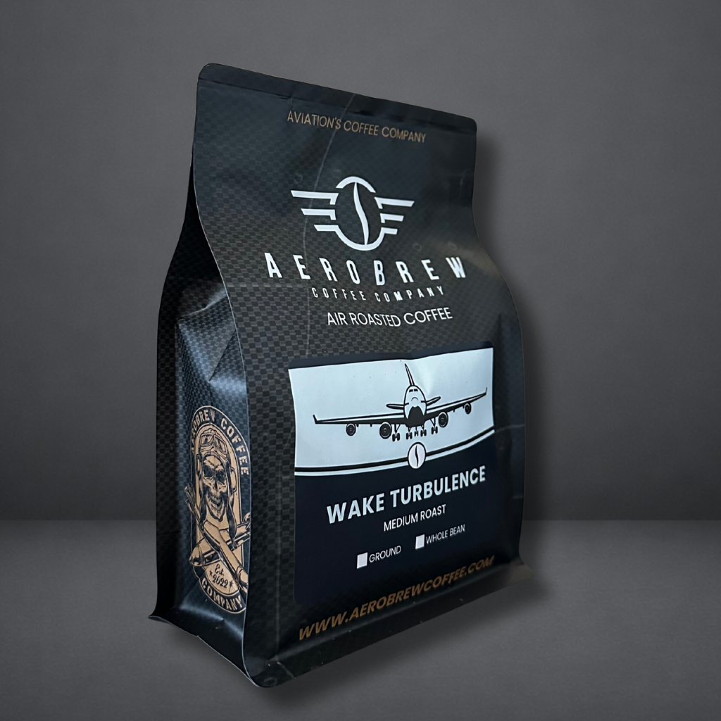 AeroBrew coffee bag with airplane design on a gray background