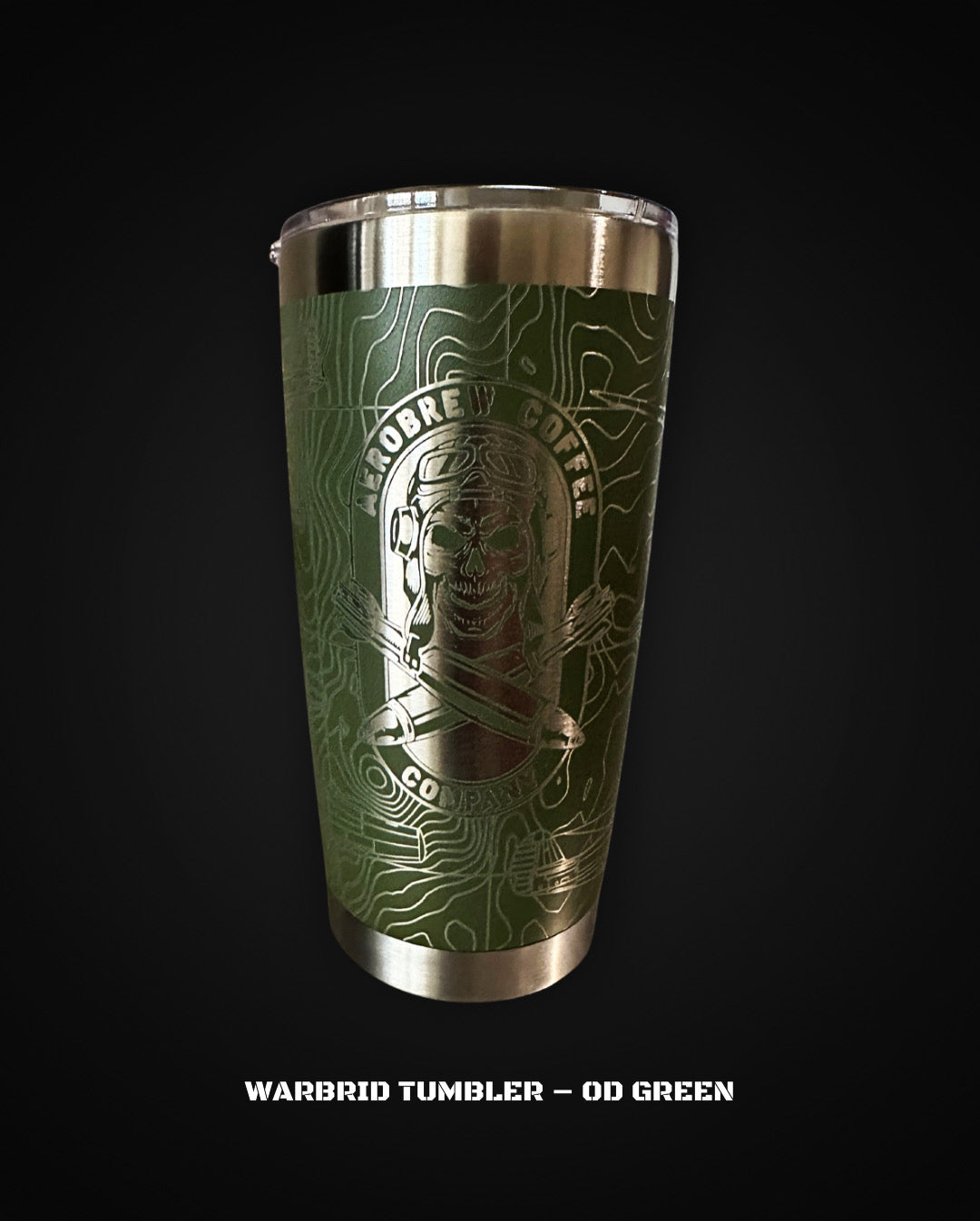 Green tumbler with a metallic finish on a black background