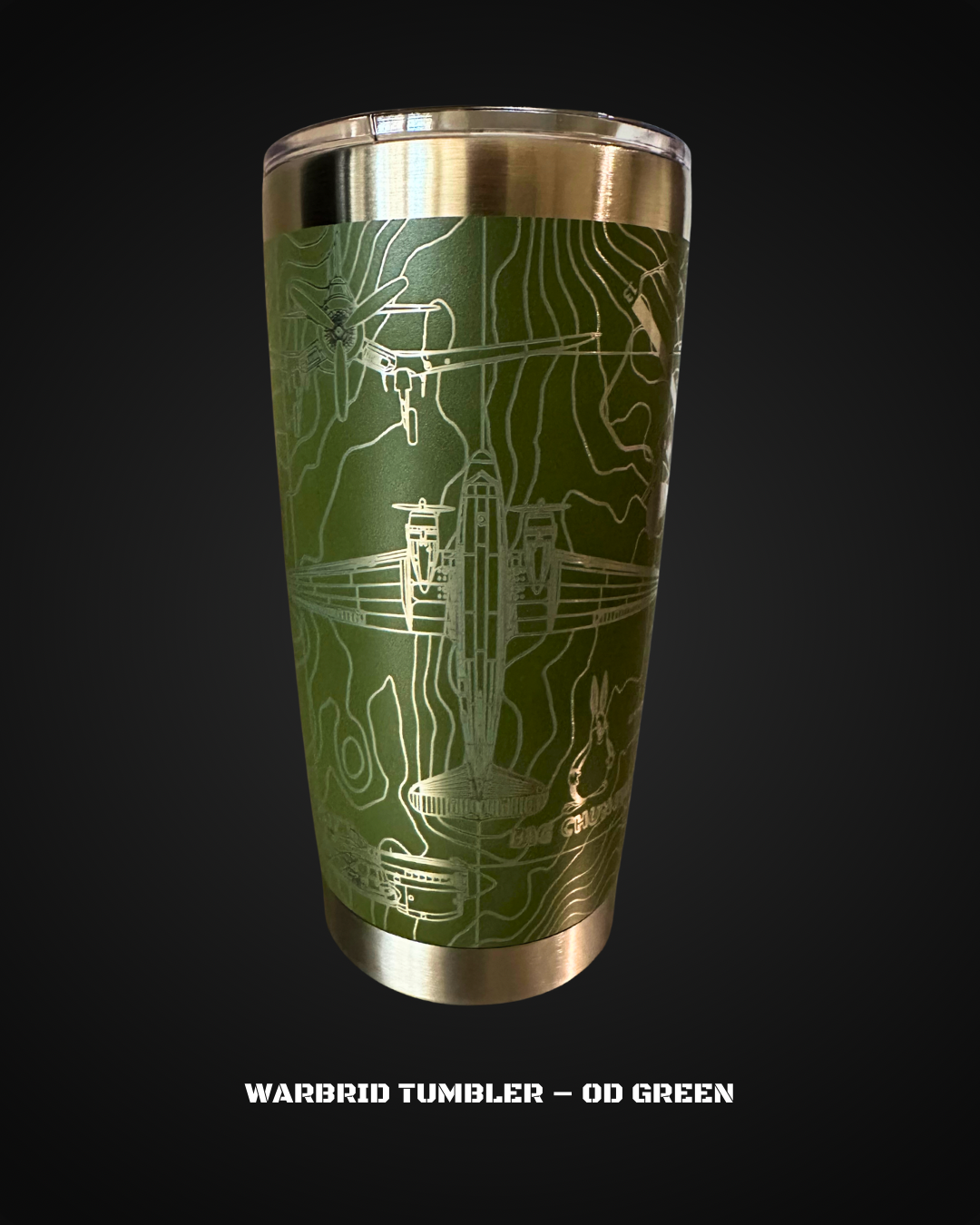 Warbrid tumbler with OD Green design on a black background