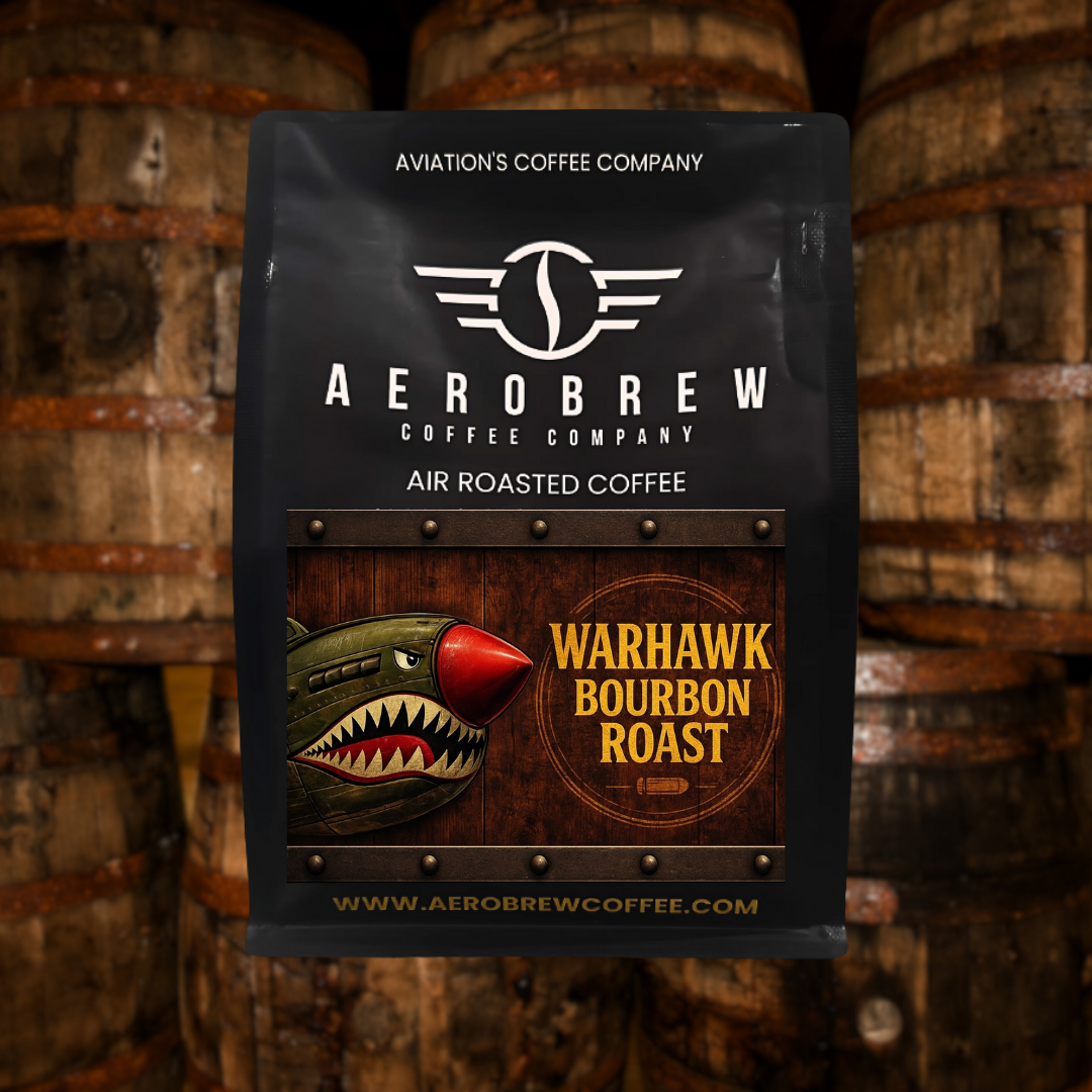 Aerobrew Coffee Company Warhawk Bourbon Roast coffee package with barrels in the background